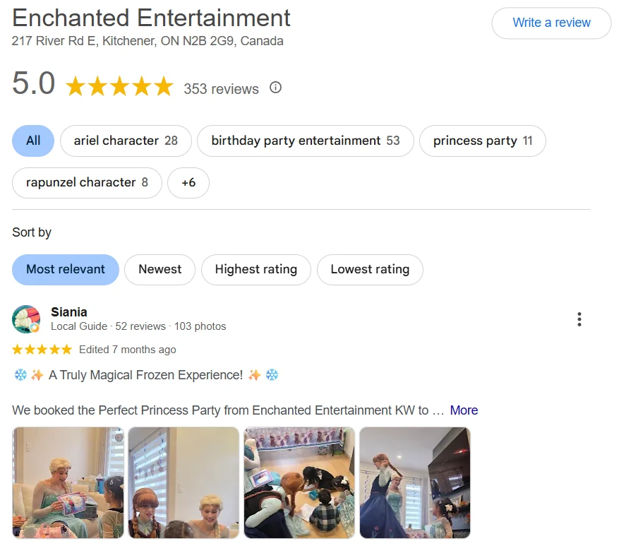 Enchanted Entertainment Google Business Profile — 5.0 star rating across 353 reviews, with topic tags for ariel character, birthday party entertainment, princess party, and rapunzel character.